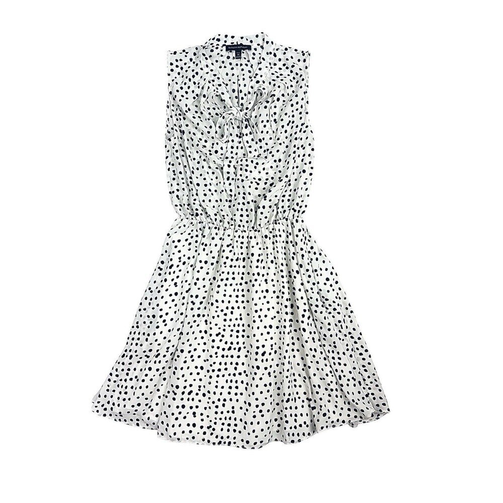Banana Republic White Polka Dot Tie Neck Dress Petite M Sleeveless Fit Flare